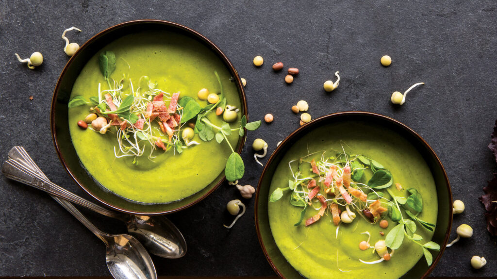 French Lettuce and Pea Soup with Turkey Bacon