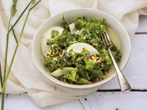 Kale Salad with Turkey Bacon, Pear, and Pine Nuts