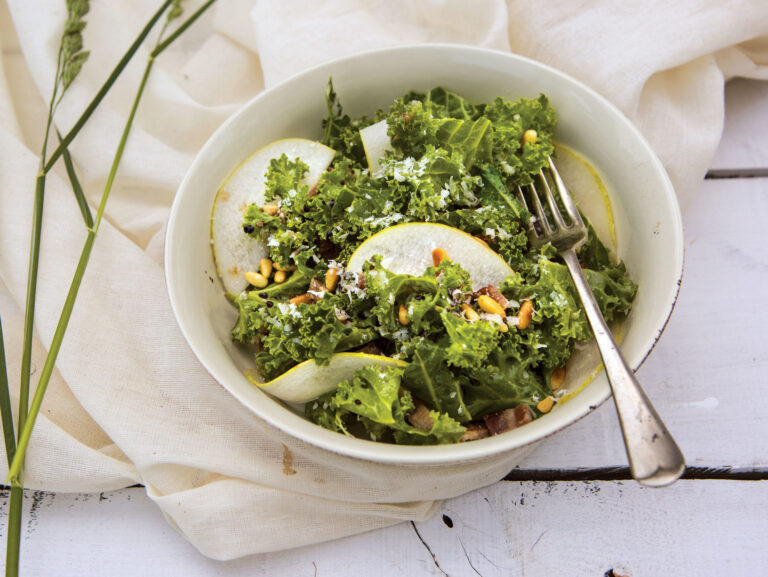 Kale Salad with Turkey Bacon, Pear, and Pine Nuts