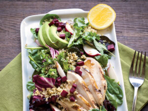Whey-Brined Chicken with Avocado, Beets, Quinoa, and Greens