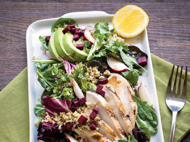 Whey-Brined Chicken with Avocado, Beets, Quinoa, and Greens
