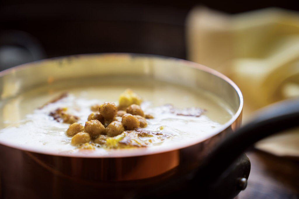 Cream of Cauliflower Soup with Curried Chickpea Croutons