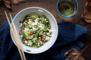 Barley and Wilted Lettuce Stir-Fry with Creamy Avocado Tahini