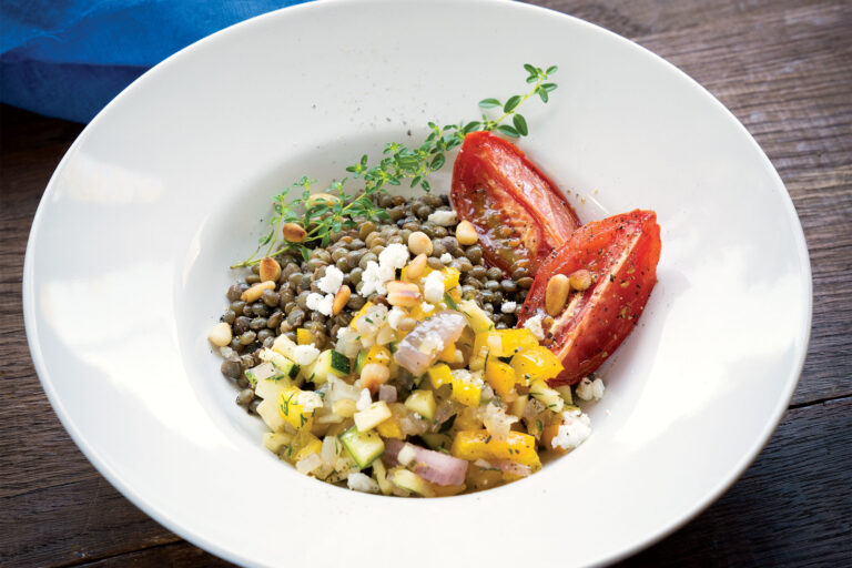 Savoury French Lentils with Roasted Tomatoes and Confetti Vegetables