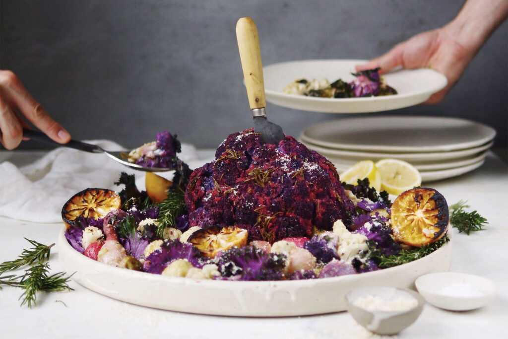 Whole Roasted Cauliflower With Warm Kale Salad