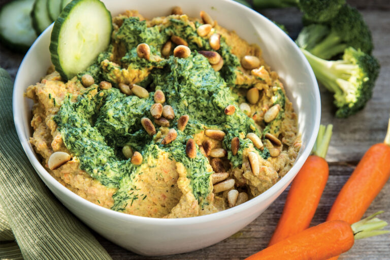 Carrot Tahini Hummus with Carrot Top Pesto