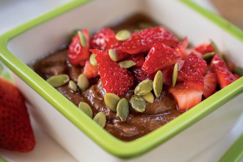 Chocolate Teff Pudding with Roasted Strawberries