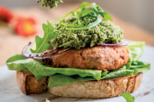 Salmon Burgers with Broccoli Pesto