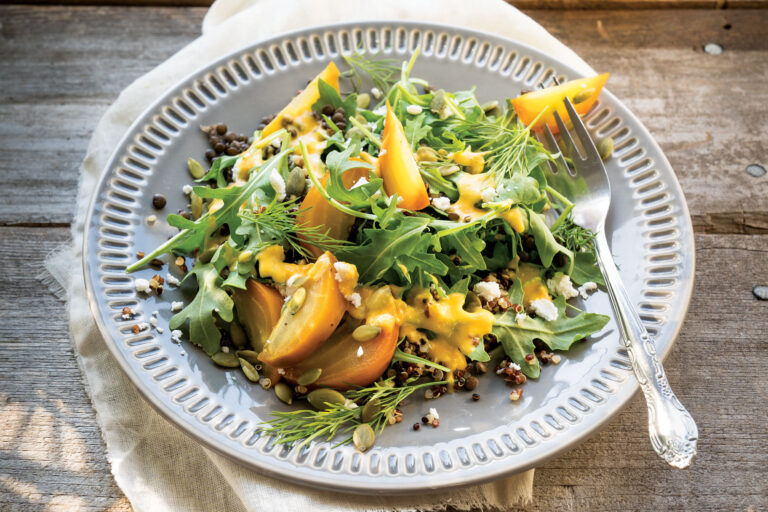 Beet Lentil Quinoa Salad with Carrot Dressing