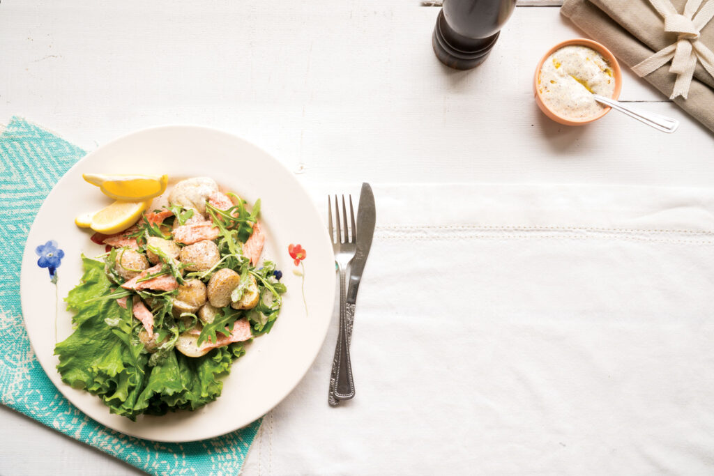 Arugula, Salmon, and Nugget Salad with Yogurt-Sumac Dressing