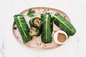 Stuffed Collard Leaves with Pomegranate Dipping Sauce