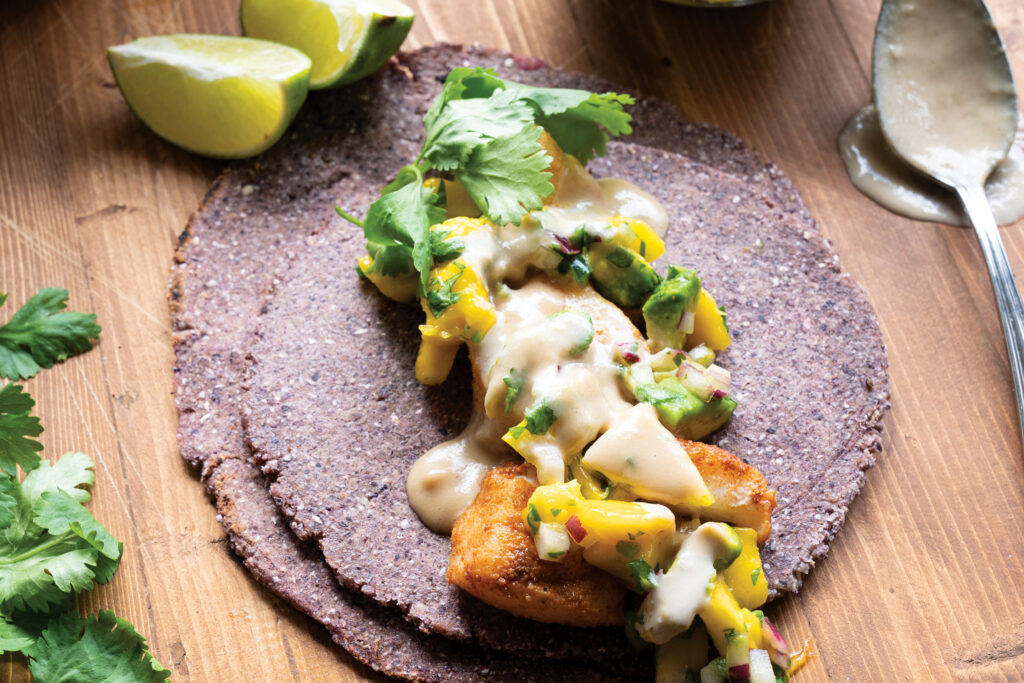 Taqueria Tacos with Fish, Mango Salsa, and Tahini Coconut Sauce
