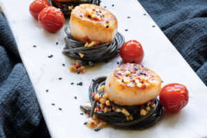 Chili Garlic Squid Ink Pasta with Seared Scallops