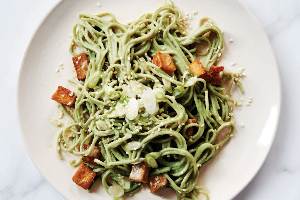 Matcha Soba with Spicy Tofu Nuggets