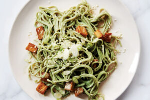 Matcha Soba with Spicy Tofu Nuggets