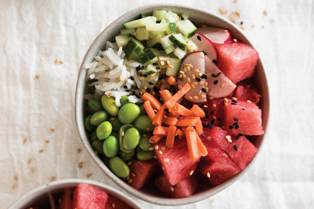 Watermelon Poke Bowl with Spicy Sriracha Dressing