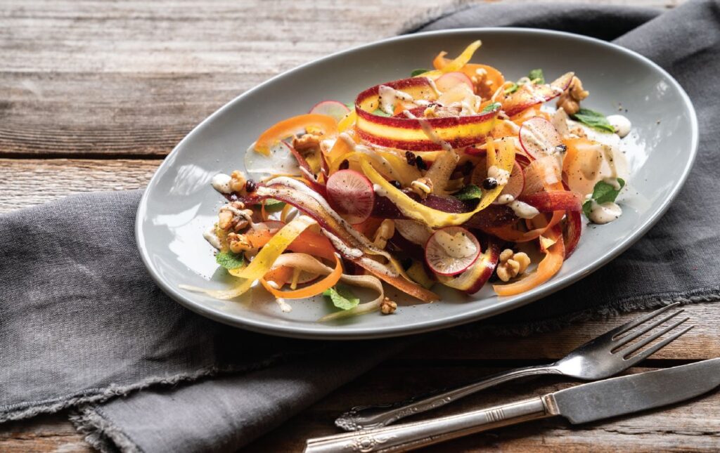 Shaved Heirloom Rainbow Carrot Salad with Tahini Drizzle