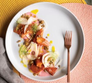 Beet and Preserved Lemon Yogurt with Smoked Fish