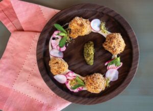 Cauliflower Tempura with Harissa-Cauliflower Puree and Mint-GARLIC Scape Pesto