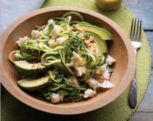 Cucumber Noodles with Halloumi, Avocado, and Miso-Lemon Dressing