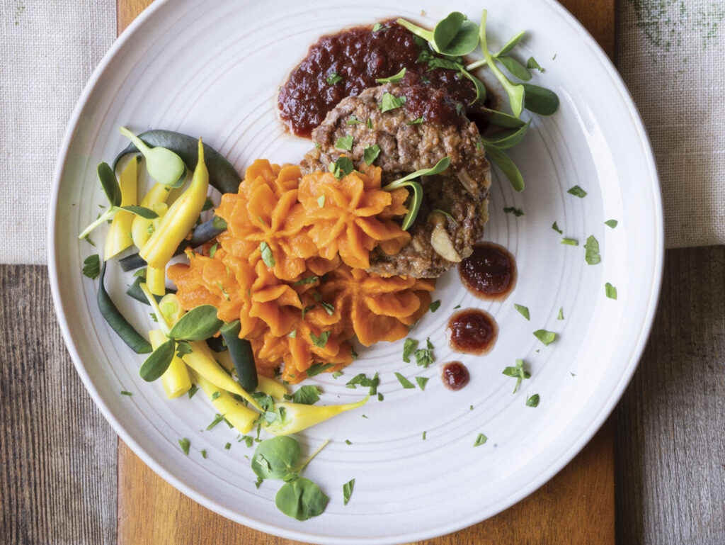 Juicy Mini Meatloaves with Red Wine Glaze and Whipped Yams