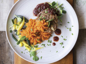 Juicy Mini Meatloaves with Red Wine Glaze and Whipped Yams