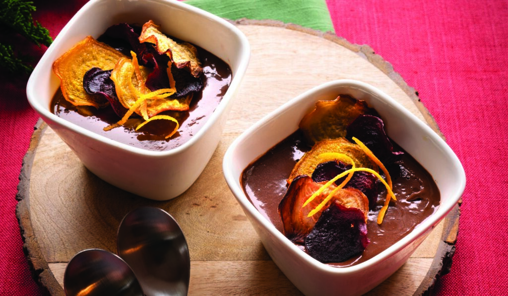 Mini Oat Milk Chocolate Mousse with Sweet Beetroot Chips