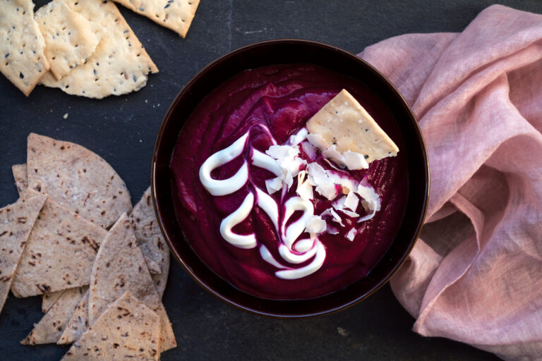 Beetroot and Coconut Dip Spiced with Toasted Caraway Seeds and Chili