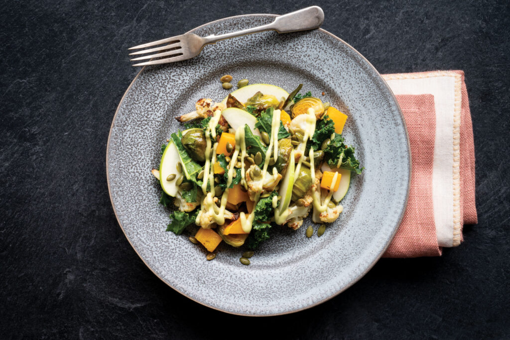 Roasted Vegetable Salad with Baby Kale, Apple, and Creamy Avocado
