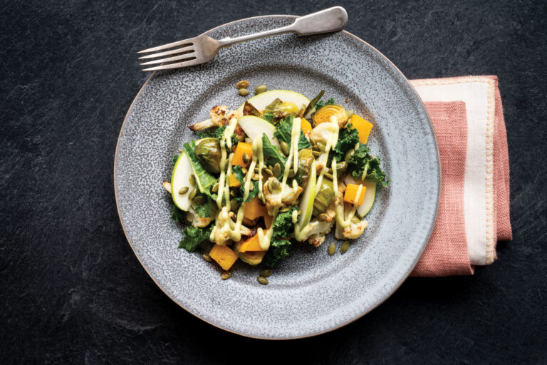 Roasted Vegetable Salad with Baby Kale, Apple, and Creamy Avocado