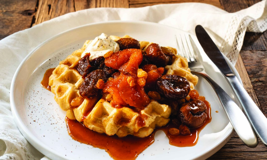 Waffles and winter fruit spiced compote