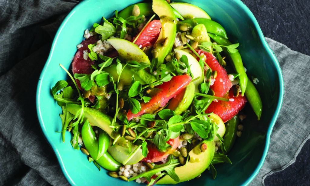 Buckwheat Groats, Greens, and Grapefruit Salad with Chive Vinaigrette