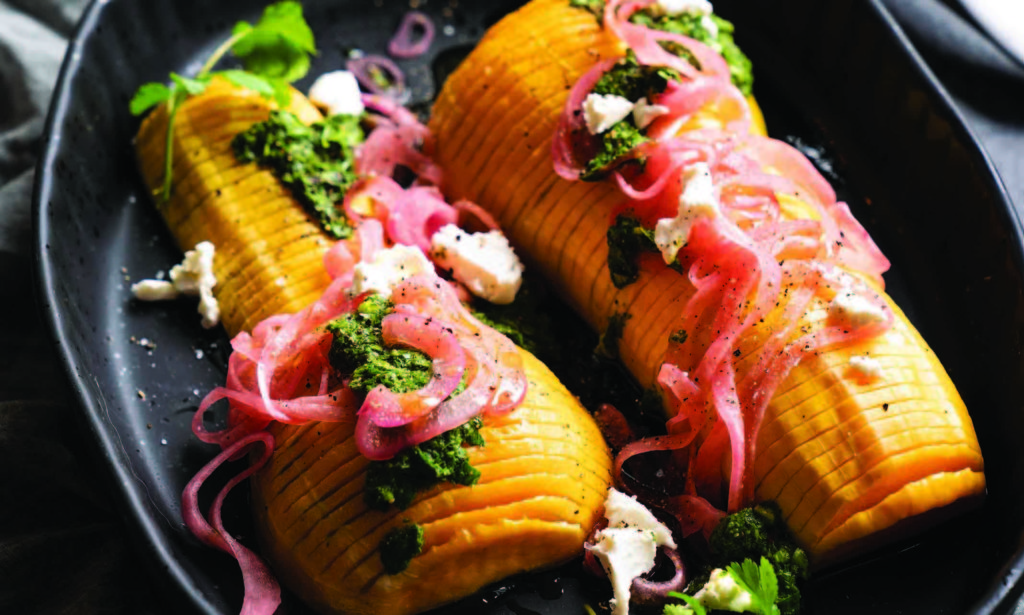 Hasselback Butternut Squash with Spicy Pickled Red Onion and Puréed Herbed Salsa