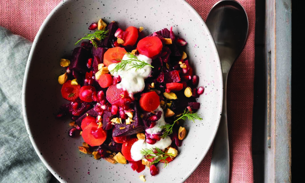 Warm Roasted Beetroot Salad with Pomegranate Arils, Nuts, and Horseradish Dill Cream
