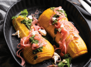 Hasselback Butternut Squash with Pickled Red Onion & Herbed Salsa