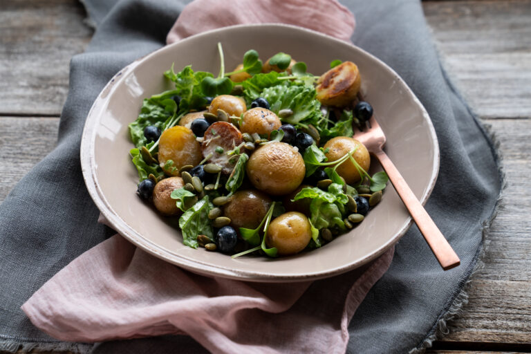 Warm Potato Salad with Blueberries, Pumpkin Seeds, and Lemon Yogurt Dressing