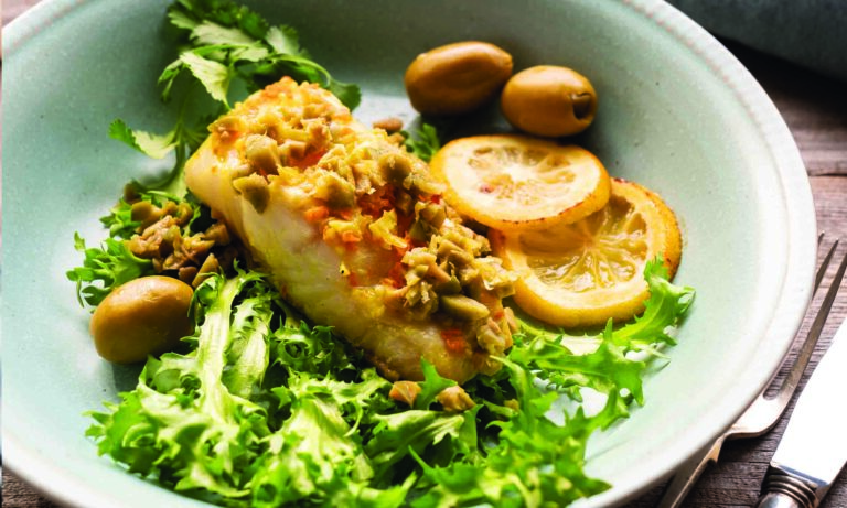 Grilled Halibut with Turmeric, Garlic, and Olives