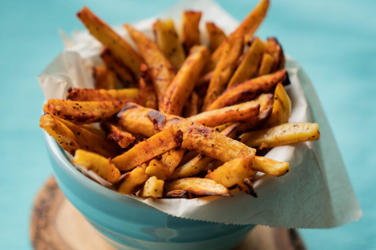 Harissa-Roasted Sweet Potato Fries with Pomegranate Molasses
