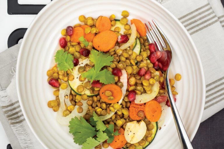 Sweet Lemon, Lentil, and Pomegranate Tray Bake  with Roasted Carrot, Zucchini, and Fennel