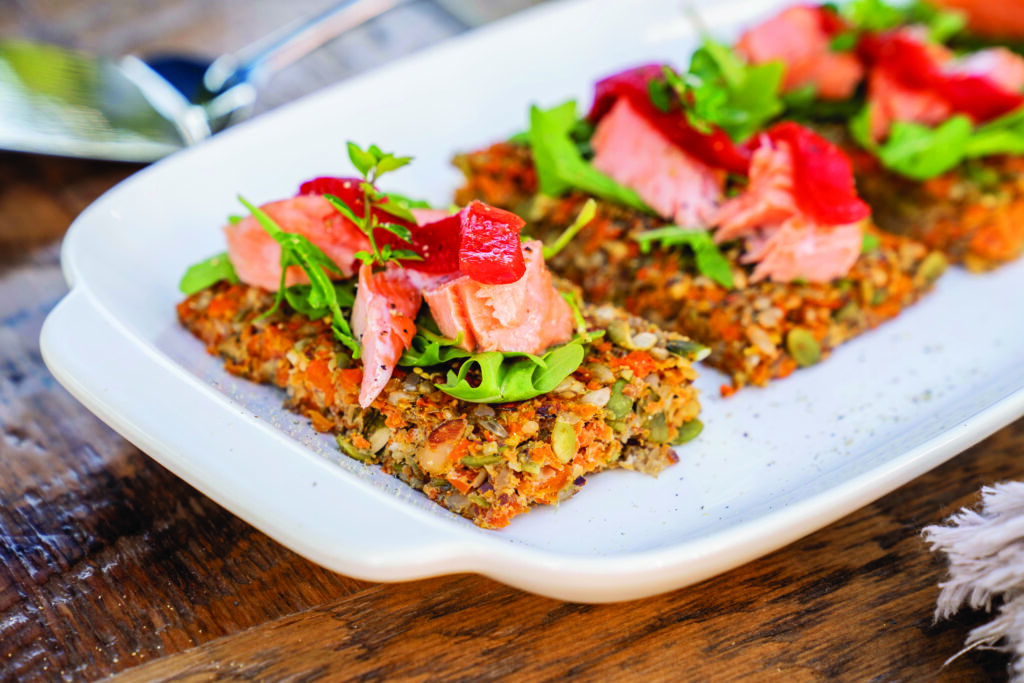 Seedy Carrot Flatbreads with Roasted Salmon