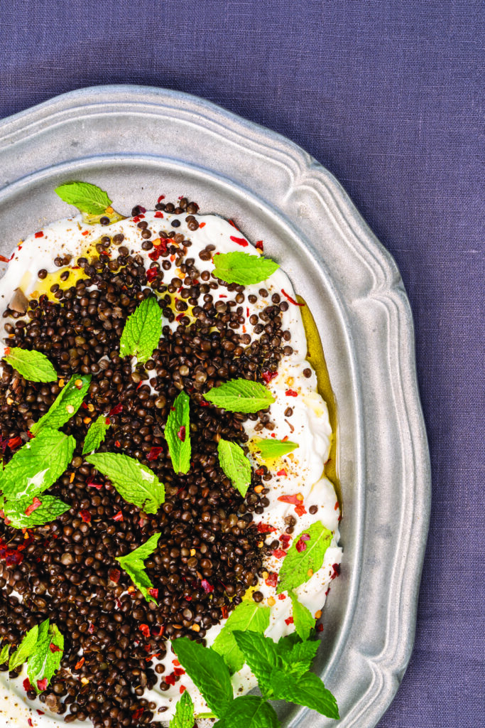 Black “Caviar” Lentils Tumbled Over Creamy Yogurt with Mint