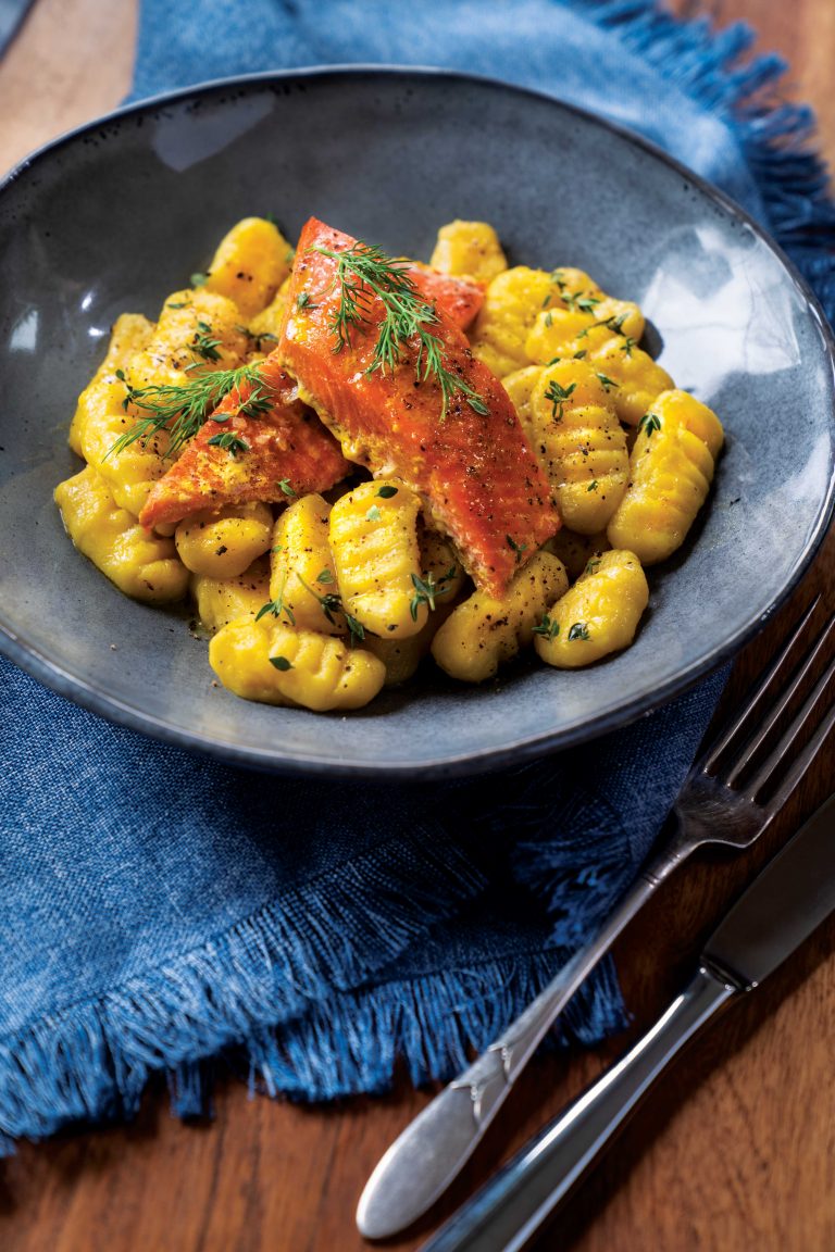 Rutabaga Gnocchi with Saffron Lemon Salmon