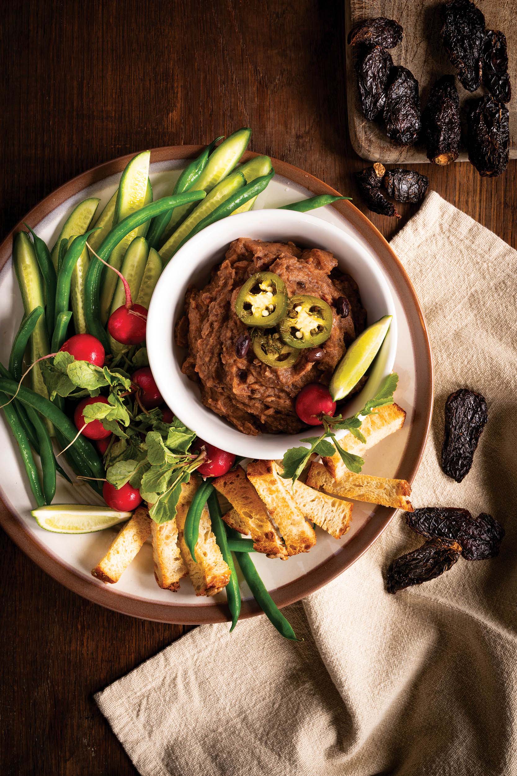 Sweet Potato Black Bean Dip with Pickled Jalapenos
