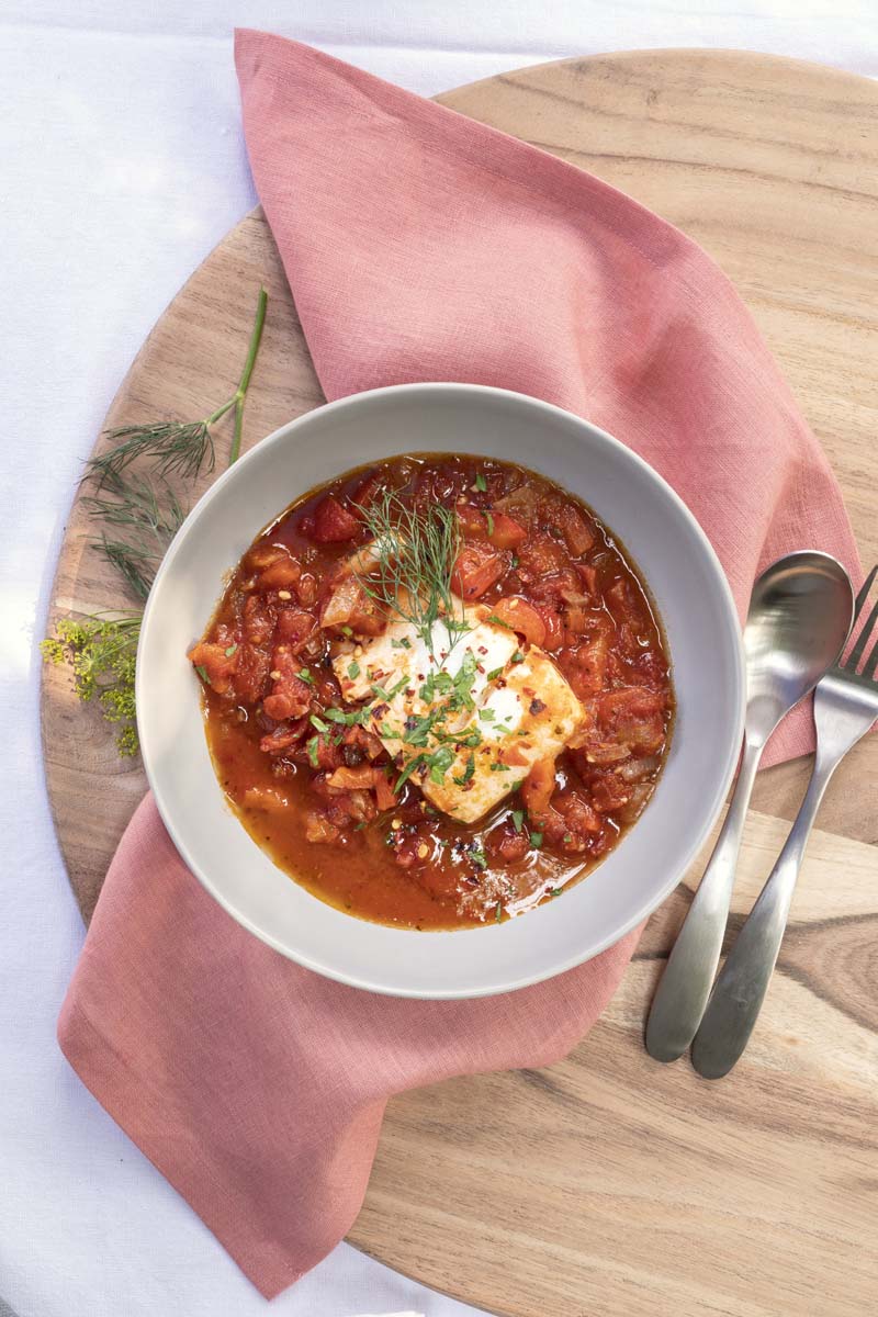 Halibut Poached in Tomato Red Pepper Sauce