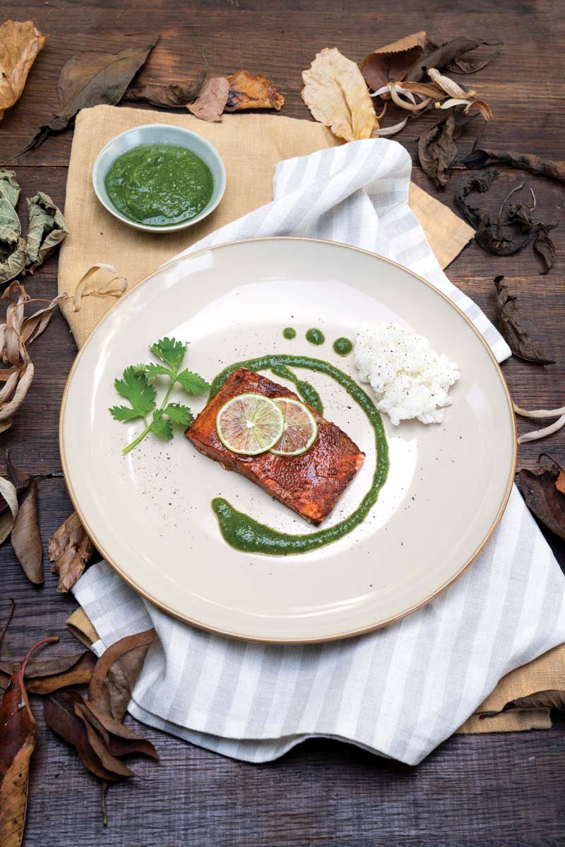 Herbed Salsa Verde over Chipotle Laced Baked Salmon