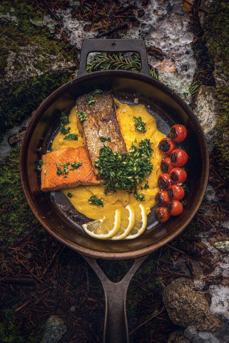 Salmon, Polenta, and Charred Vine Tomatoes