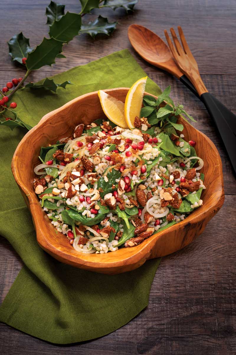 Brown Rice and Spinach with Candied Almonds and Pomegranate Arils