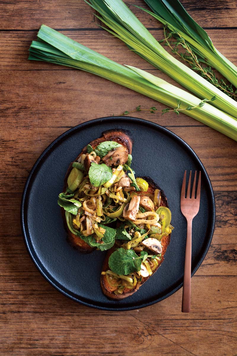 Leek and Mushroom Tartines with Wilted Watercress