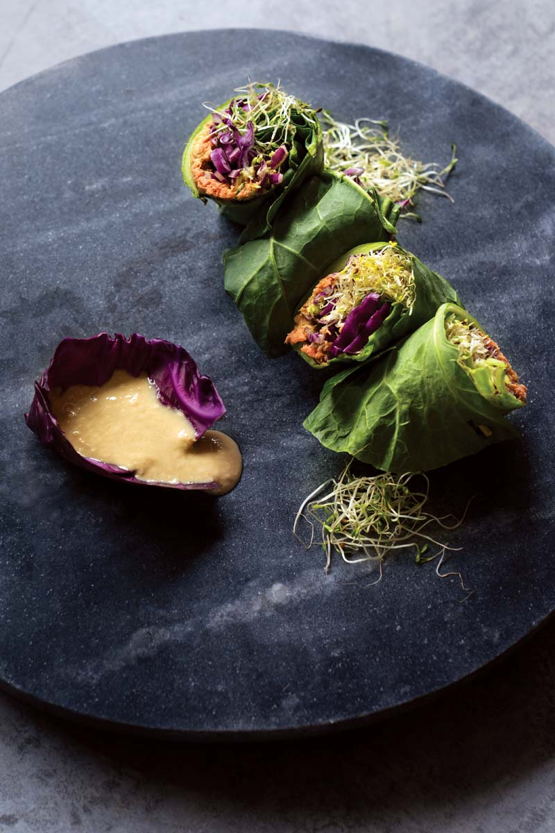 Salmon Collard Snack Wraps with Ginger Miso Dip