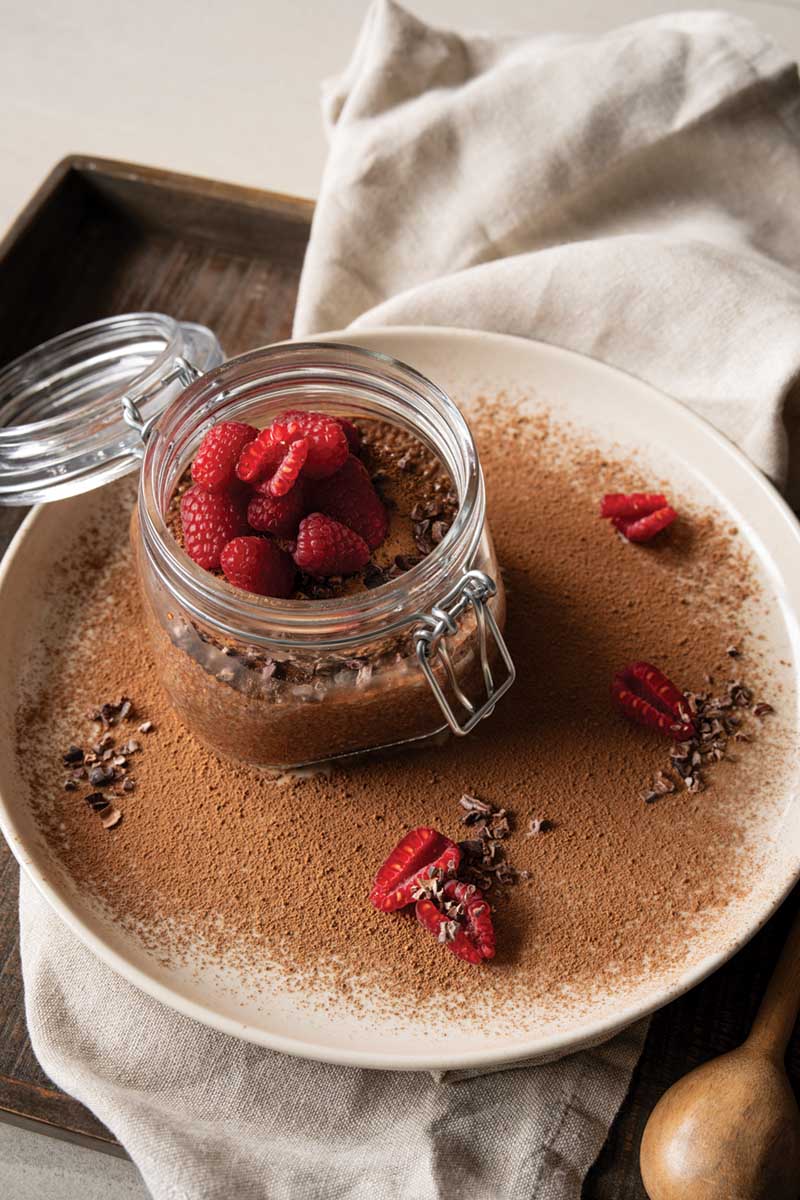 Dessert: Chocolate Tahini Chia Pudding with Raspberries